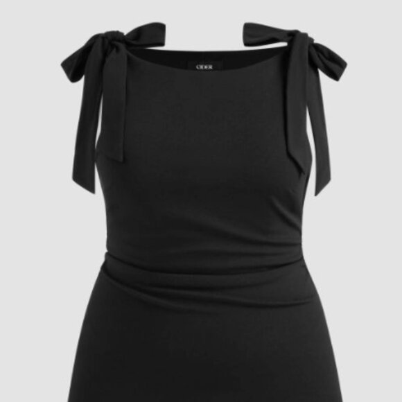 CIDER Boat Neck Solid Ruched Bowknot Mini Dress - Picture 1 of 4